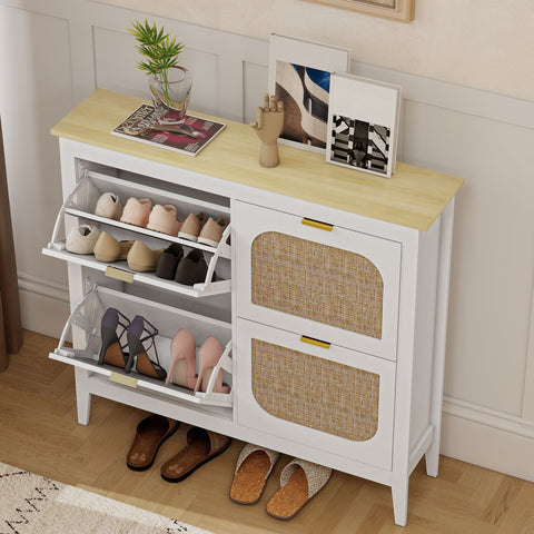 White homcom narrow shoe cabinet with light wood top and woven cane doors for stylish shoe storage at home