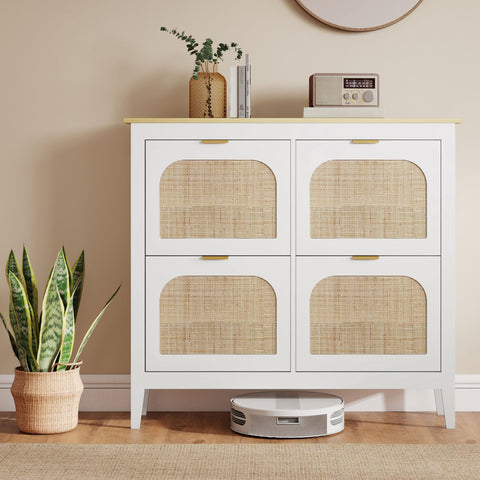 White homcom shoe cabinet with four arched rattan doors and gold handles for stylish shoe storage at home