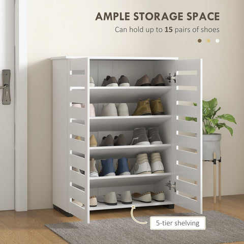 White wooden HOMCOM shoe cabinet with five tiers, slatted doors, and adjustable shelves for slim shoe storage