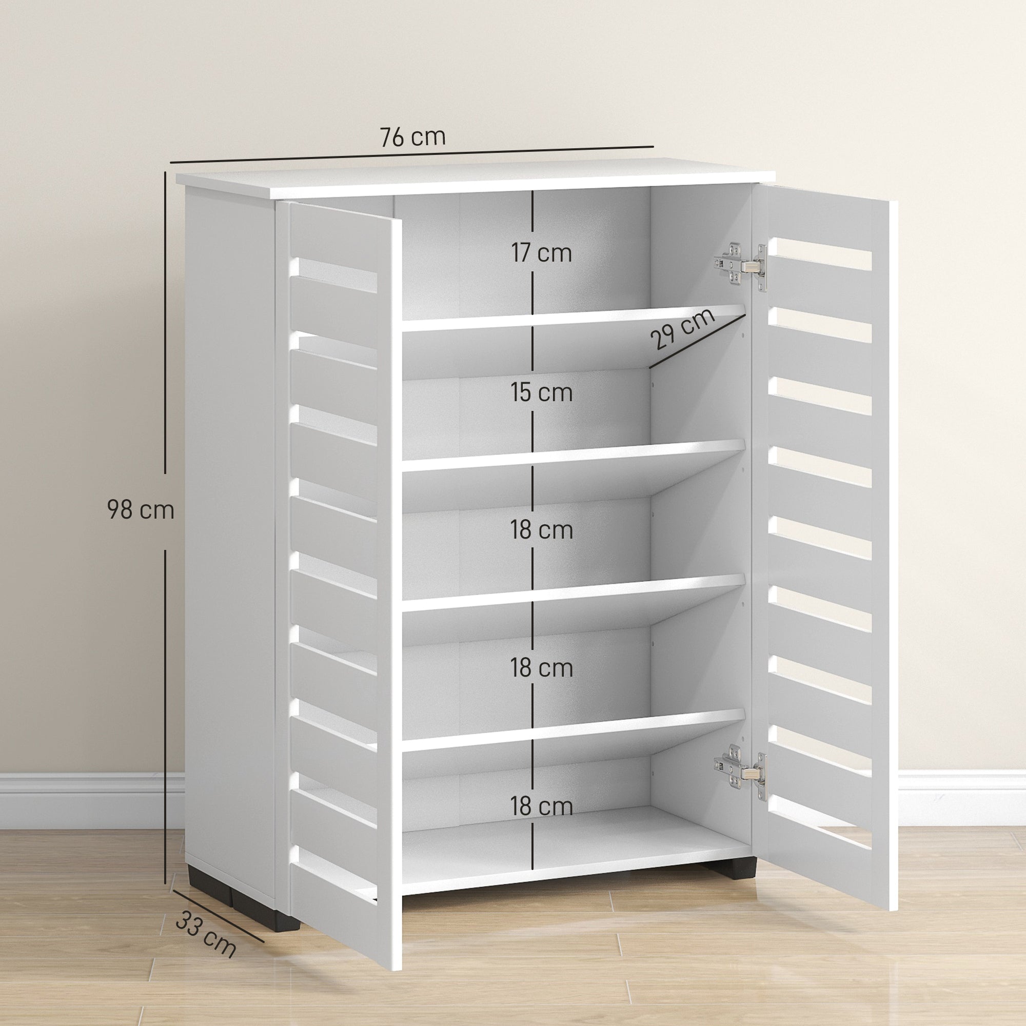 White homcom shoe cabinet with slatted doors and adjustable shelves for slim entryway shoe storage