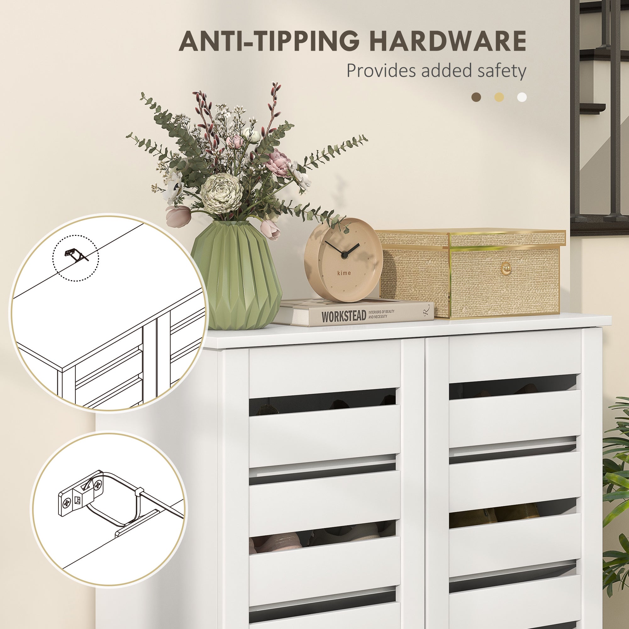 White slatted shoe cabinet with anti-tipping hardware featuring slatted doors for slim shoe storage in entryway
