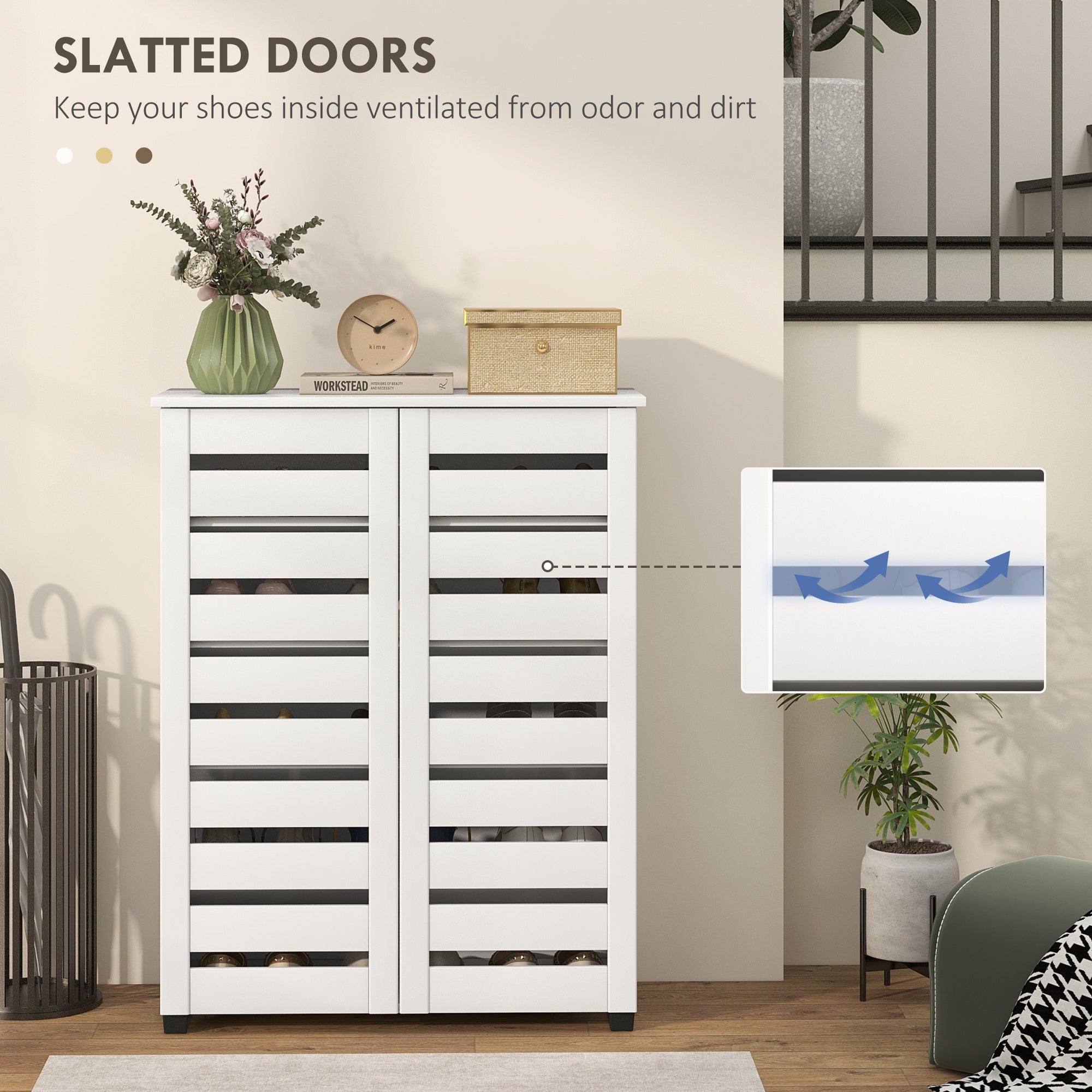 White HOMCOM narrow shoe cabinet with 5-tier storage and slatted doors for ventilated shoe storage in entryway