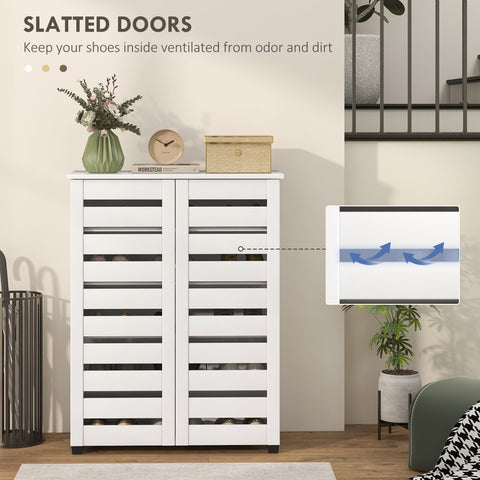 White HOMCOM narrow shoe cabinet with 5-tier storage and slatted doors for ventilated shoe storage in entryway