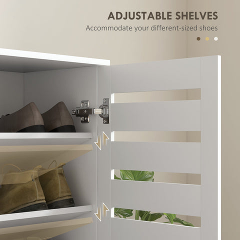 White slatted shoe cabinet with adjustable shelves and 2 slatted doors for slim shoe storage in entryway