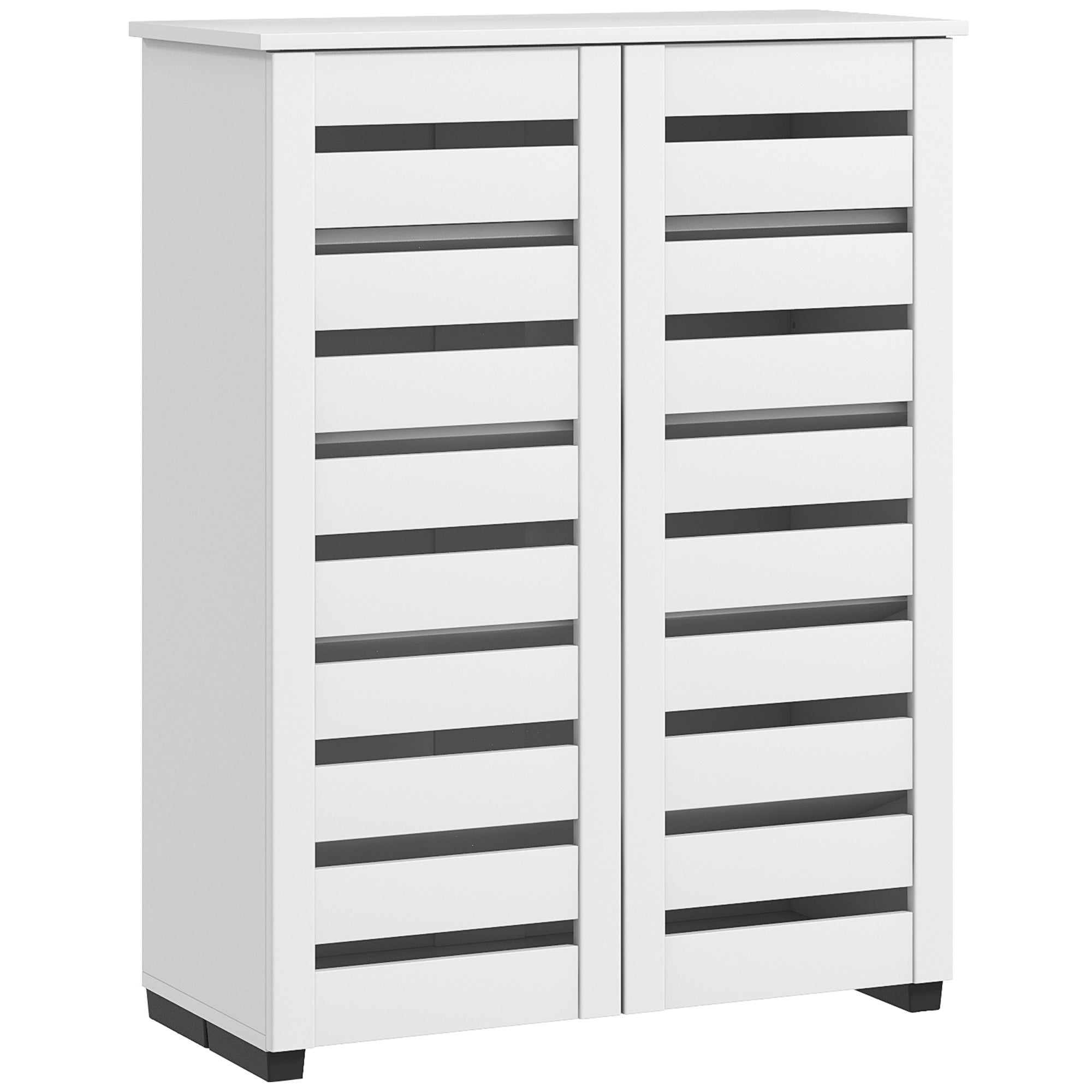 White homcom shoe cabinet with black slatted doors and feet featuring 5-tier slim shoe storage for entryway