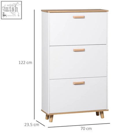 White homcom narrow shoe storage cabinet with 3 flip drawers and light wood handles for entryway organization
