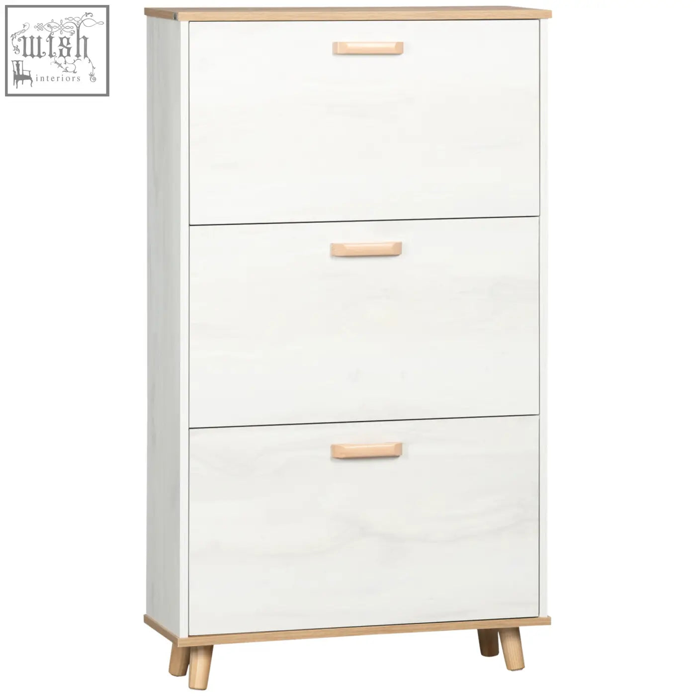 Cream white homcom narrow shoe storage cabinet with light wood particle board accents and 3 flip drawers for 12 pairs