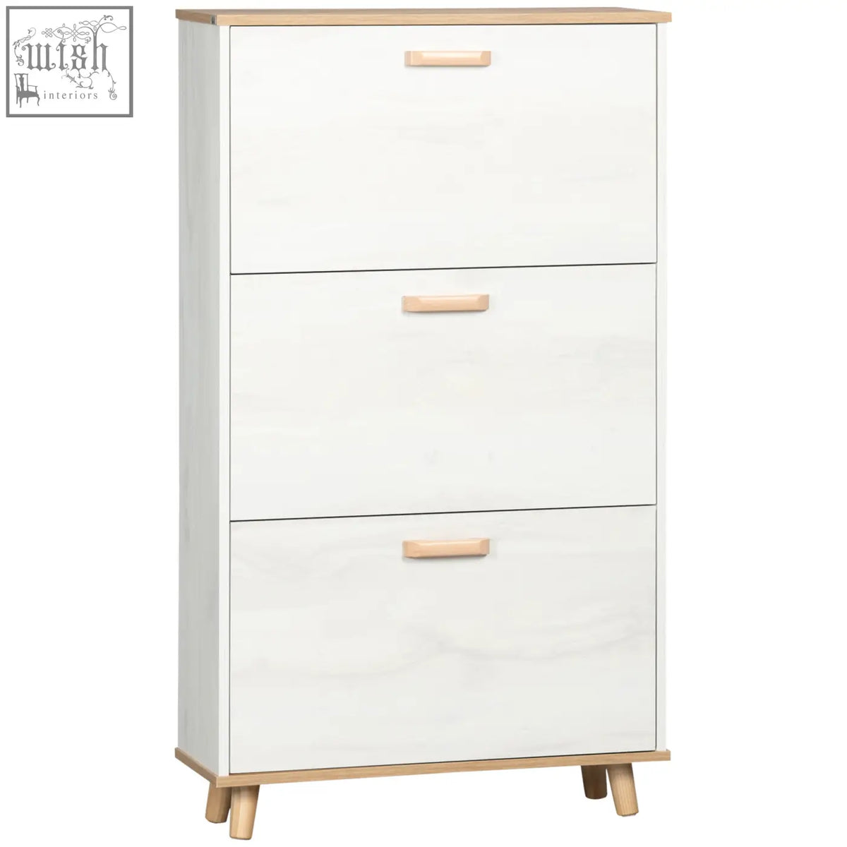 Cream white homcom narrow shoe storage cabinet with light wood particle board accents and 3 flip drawers for 12 pairs