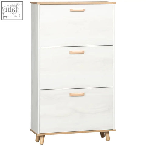 Cream white homcom narrow shoe storage cabinet with light wood particle board accents and 3 flip drawers for 12 pairs