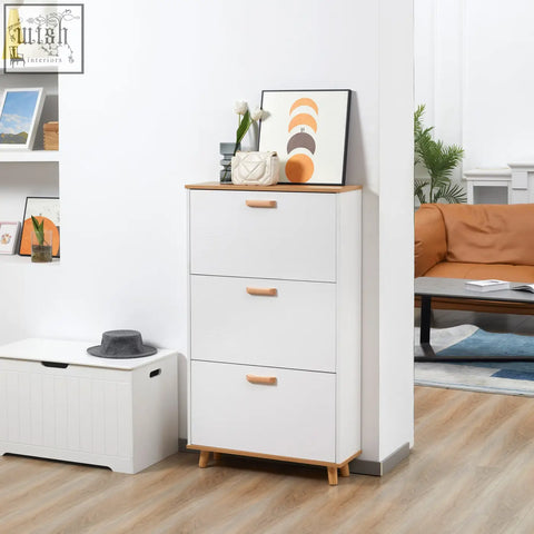 White homcom narrow shoe storage cabinet with three flip drawers light wood accents for entryway organization