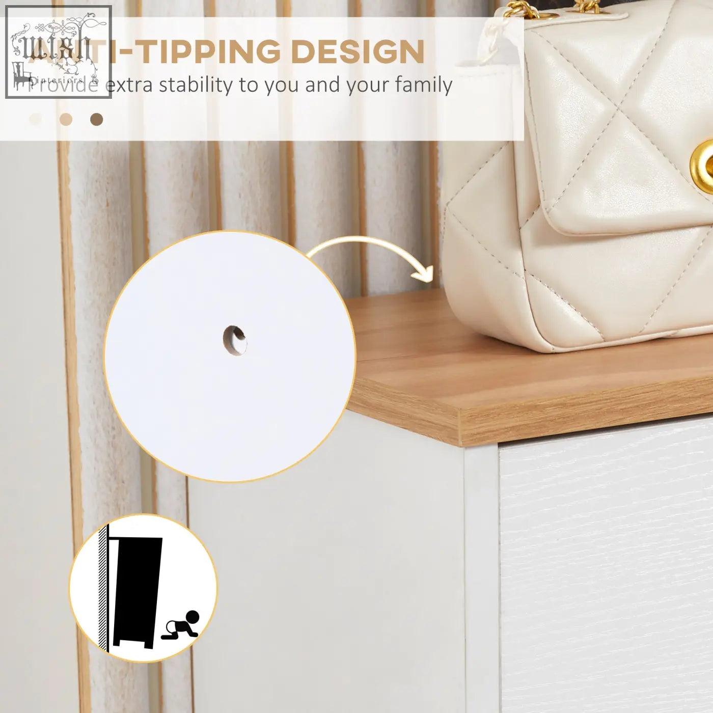 Cream-colored quilted handbag with gold-tone hardware on top of white homcom shoe storage cabinet with flip drawers