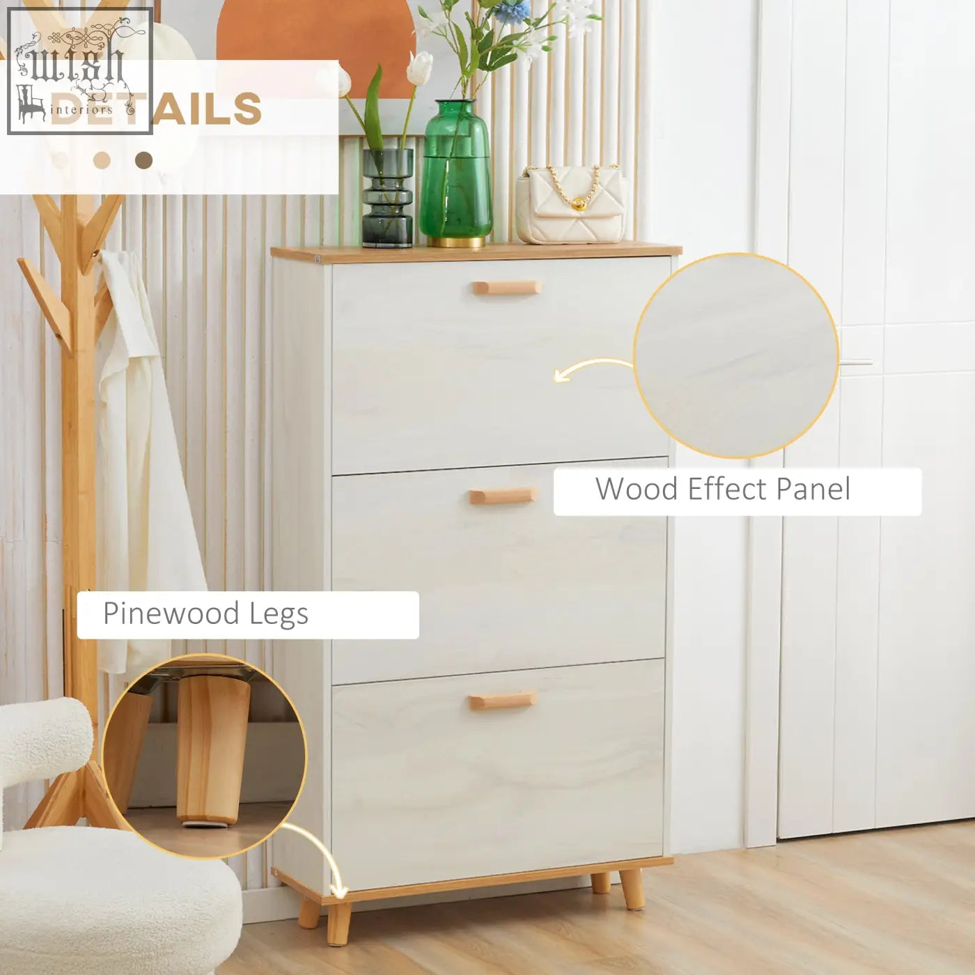 White wood-effect shoe storage cabinet with particle board, 3 drawers, pine legs, and light wood handles for hallway use