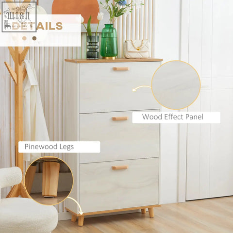 White wood-effect shoe storage cabinet with particle board, 3 drawers, pine legs, and light wood handles for hallway use