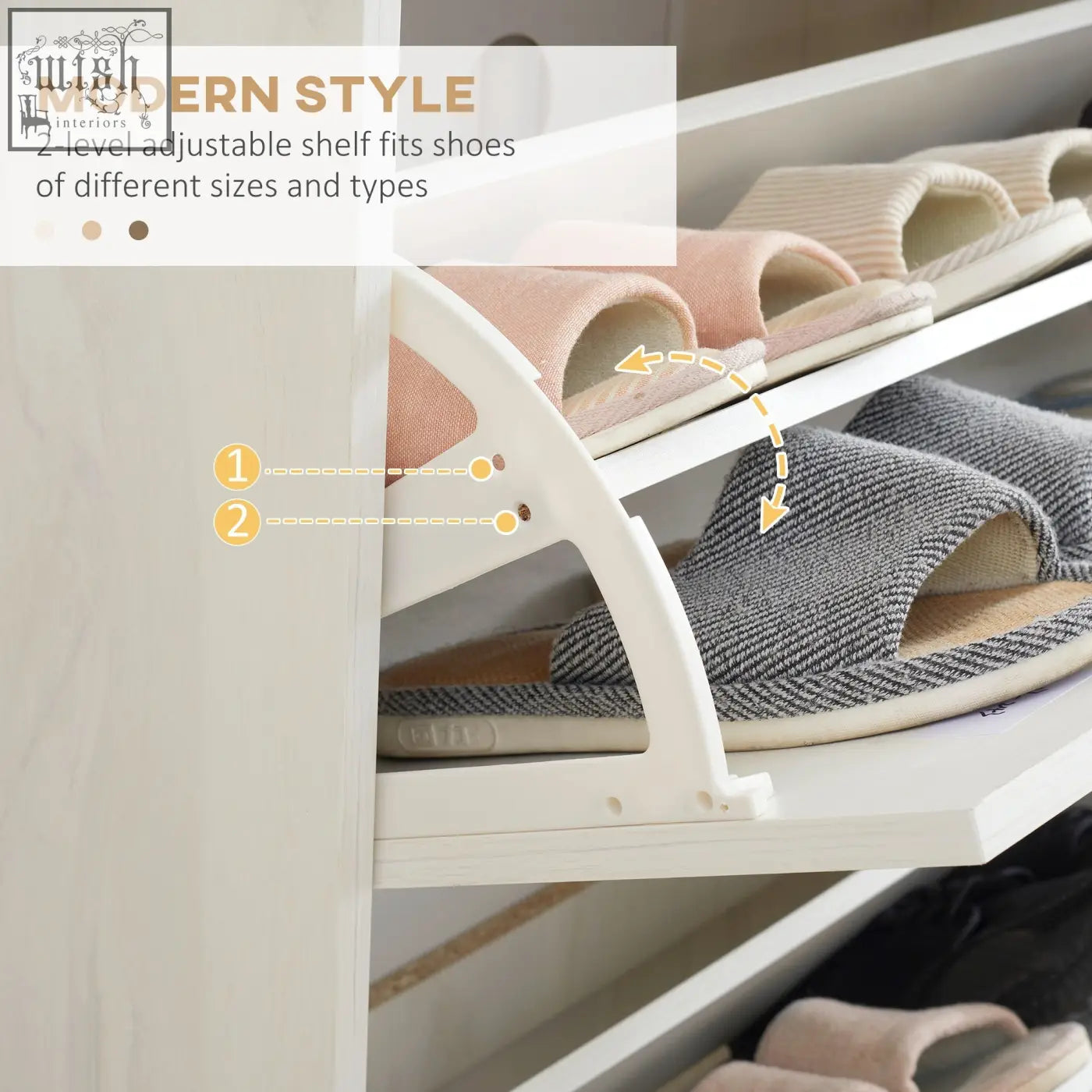 White particle board shoe storage cabinet with two-level adjustable shelves for 12 pairs in a slim modern design