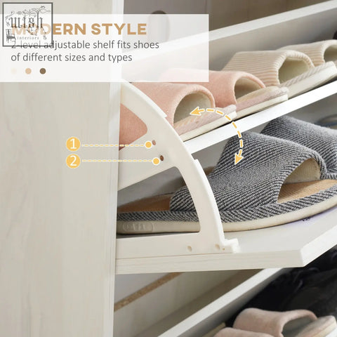 White particle board shoe storage cabinet with two-level adjustable shelves for 12 pairs in a slim modern design