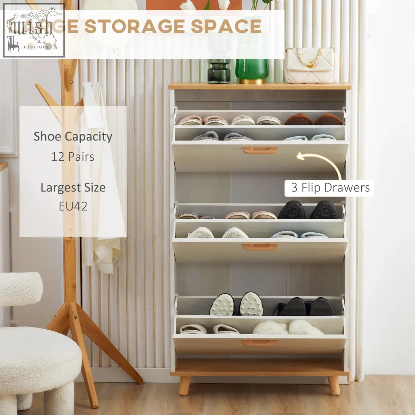 Beige and wood-finished homcom shoe storage cabinet with 3 flip drawers and adjustable shelves for hallway use