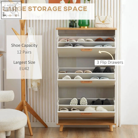Beige and wood-finished homcom shoe storage cabinet with 3 flip drawers and adjustable shelves for hallway use