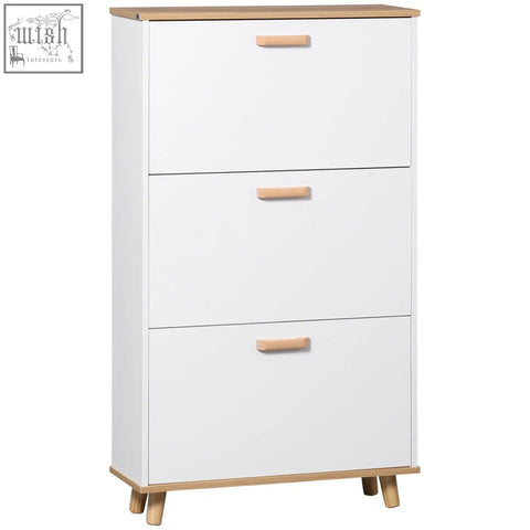 White homcom shoe storage cabinet with light wood accents slim design 3 flip drawers for entryway storage