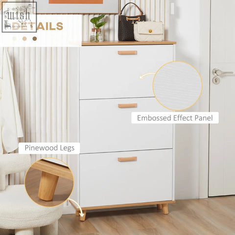 White shoe storage cabinet with light wood legs handles embossed panel slim design for hallway entryway storage