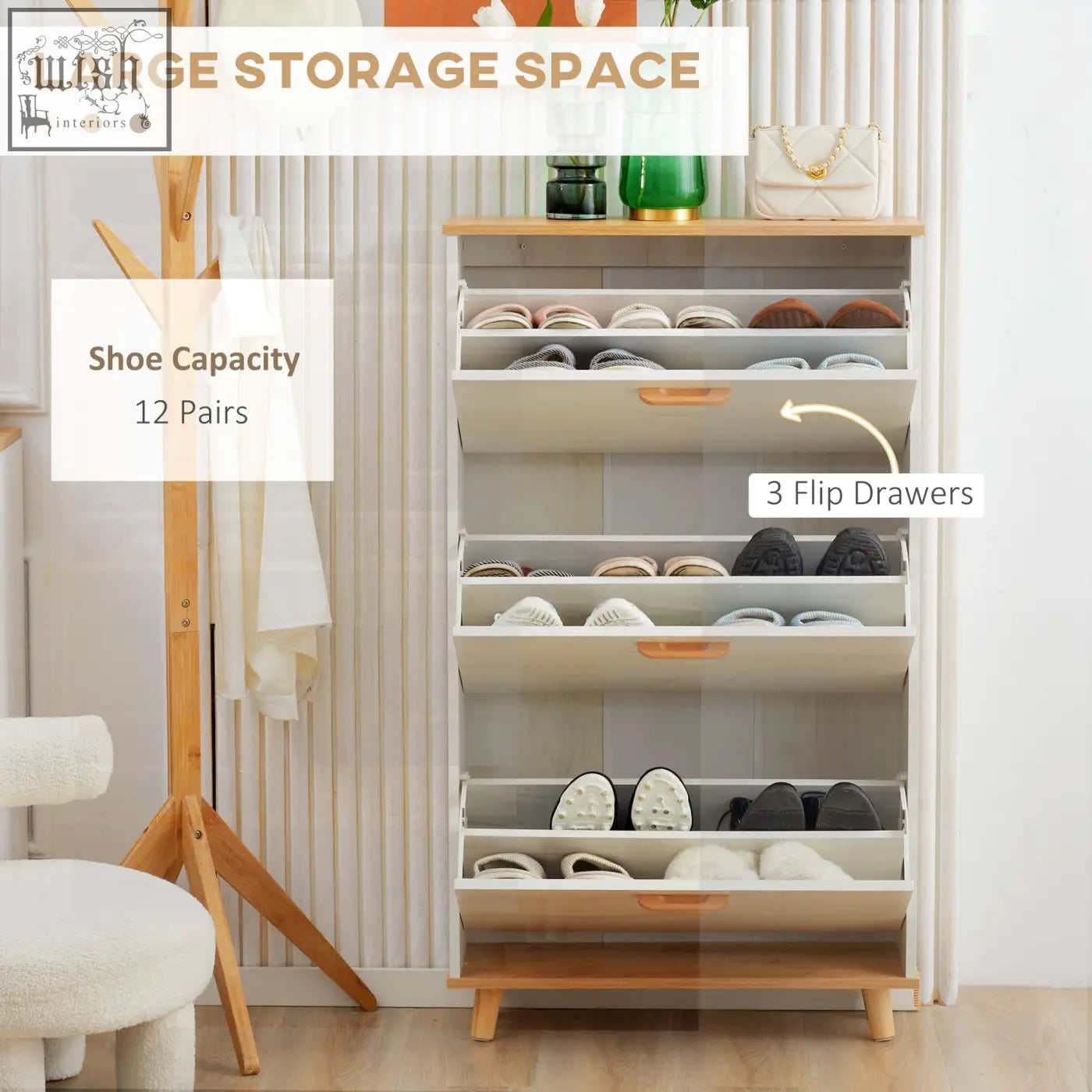 Cream white particle board shoe storage cabinet with three flip drawers and adjustable shelves for hallway use