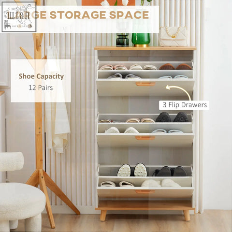 Cream white particle board shoe storage cabinet with three flip drawers and adjustable shelves for hallway use