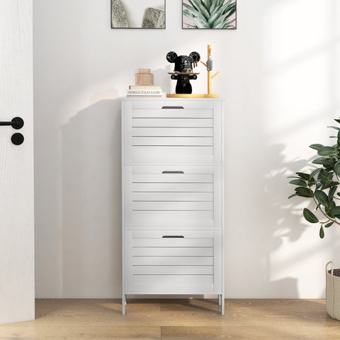 White slatted narrow shoe storage cabinet with four drawers and slender metal legs for shoe organization