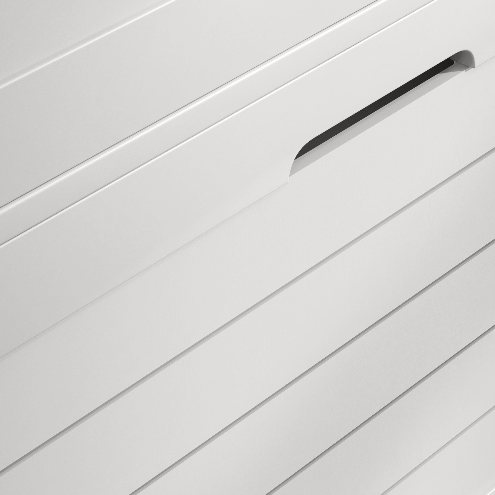 White slatted storage cabinet with integrated handle for shoe storage featuring a sleek minimalist design