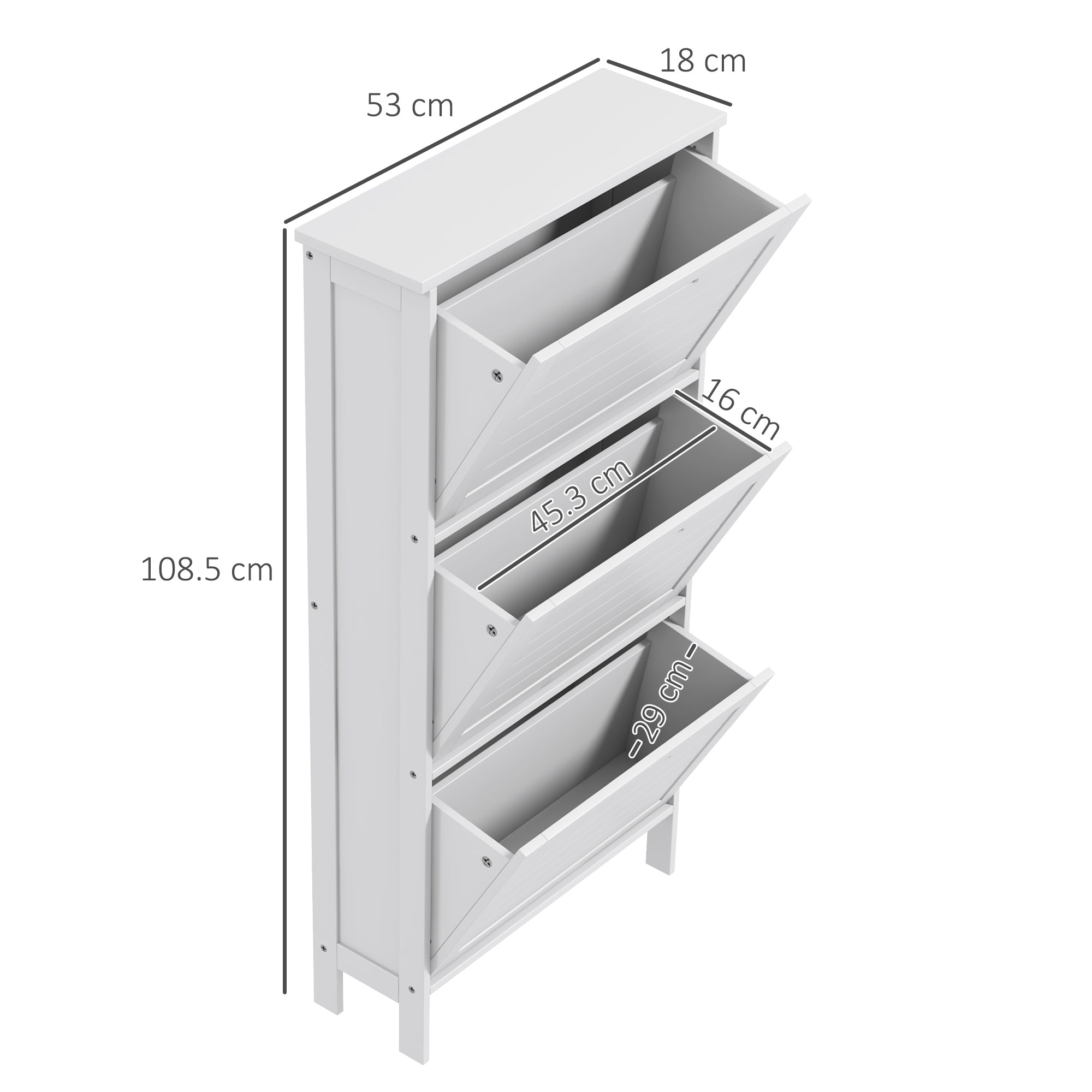 White wooden shoe storage cabinet with three flip-top compartments perfect for narrow shoe storage
