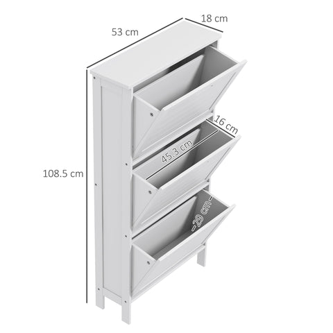 White wooden shoe storage cabinet with three flip-top compartments perfect for narrow shoe storage