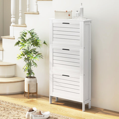 White wooden shoe storage cabinet with three slatted flip drawers perfect for narrow shoe storage and organization