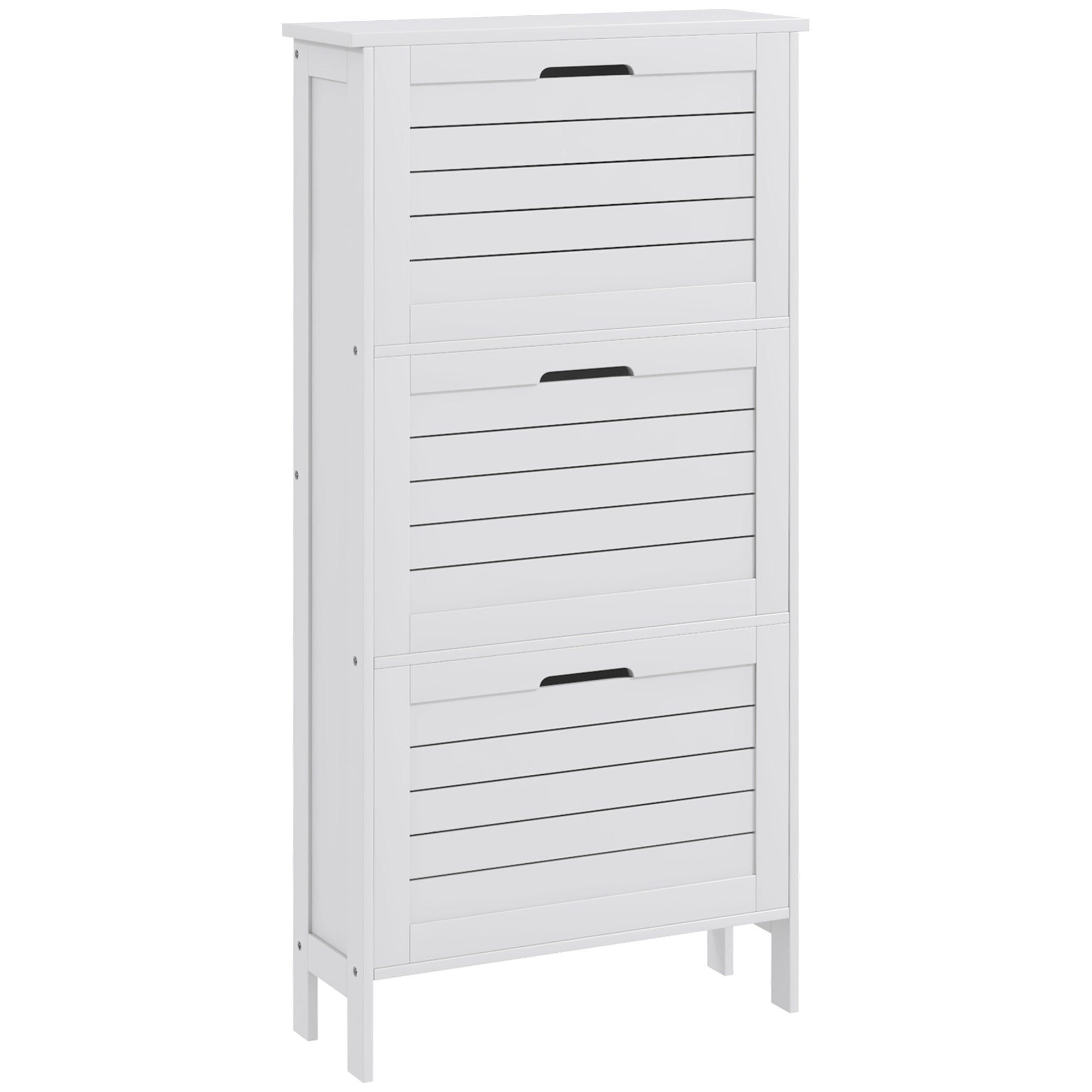 White wooden shoe storage cabinet with three slatted flip drawers and black handles for narrow shoe storage