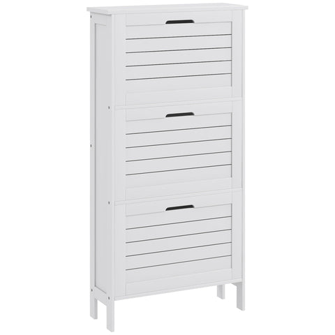 White wooden shoe storage cabinet with three slatted flip drawers and black handles for narrow shoe storage