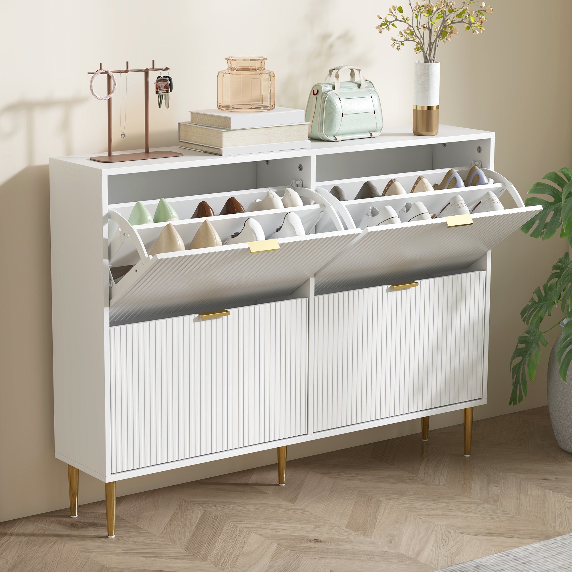 White homcom narrow shoe cabinet with 4 flip drawers gold tone handles fluted panel doors holding shoes