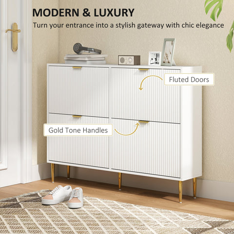 White HOMCOM narrow shoe cabinet with fluted panel doors and gold tone handles for stylish storage