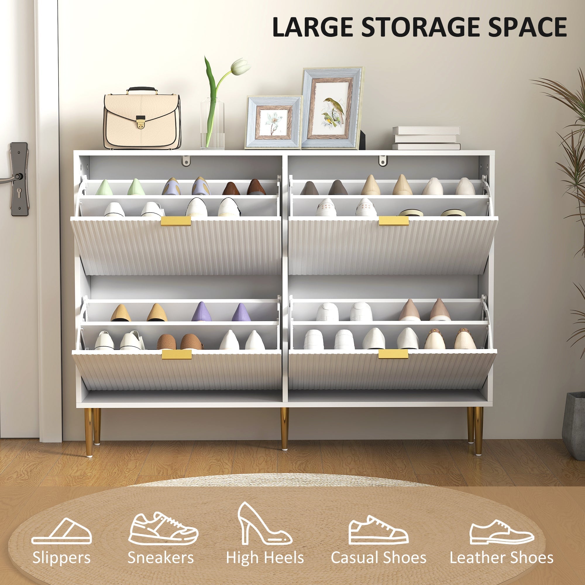 White homcom narrow shoe cabinet with 4 flip drawers gold tone handles and fluted panel doors for stylish storage