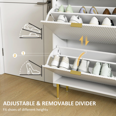 White homcom narrow shoe cabinet with 4 flip drawers gold tone handles and adjustable divider for shoes of different heights