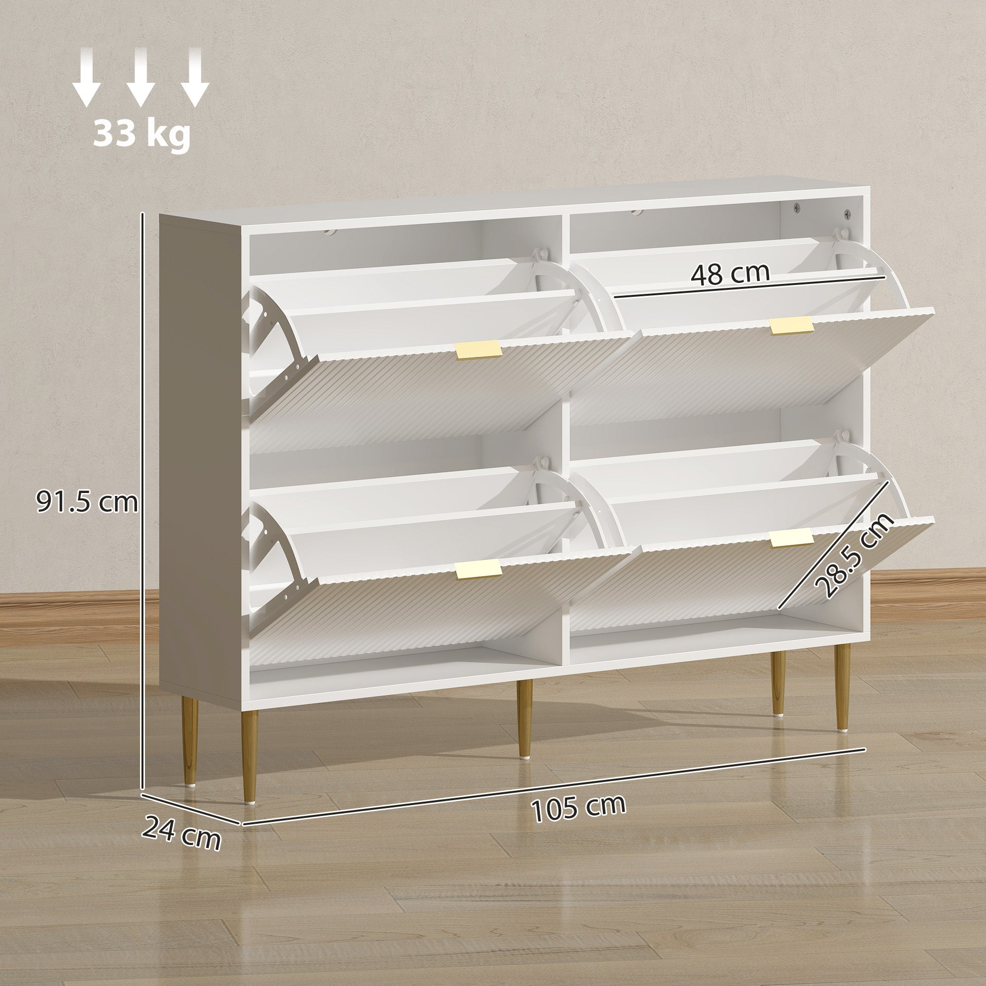 White homcom narrow shoe cabinet with 4 flip drawers gold tone handles and fluted panel doors for easy storage