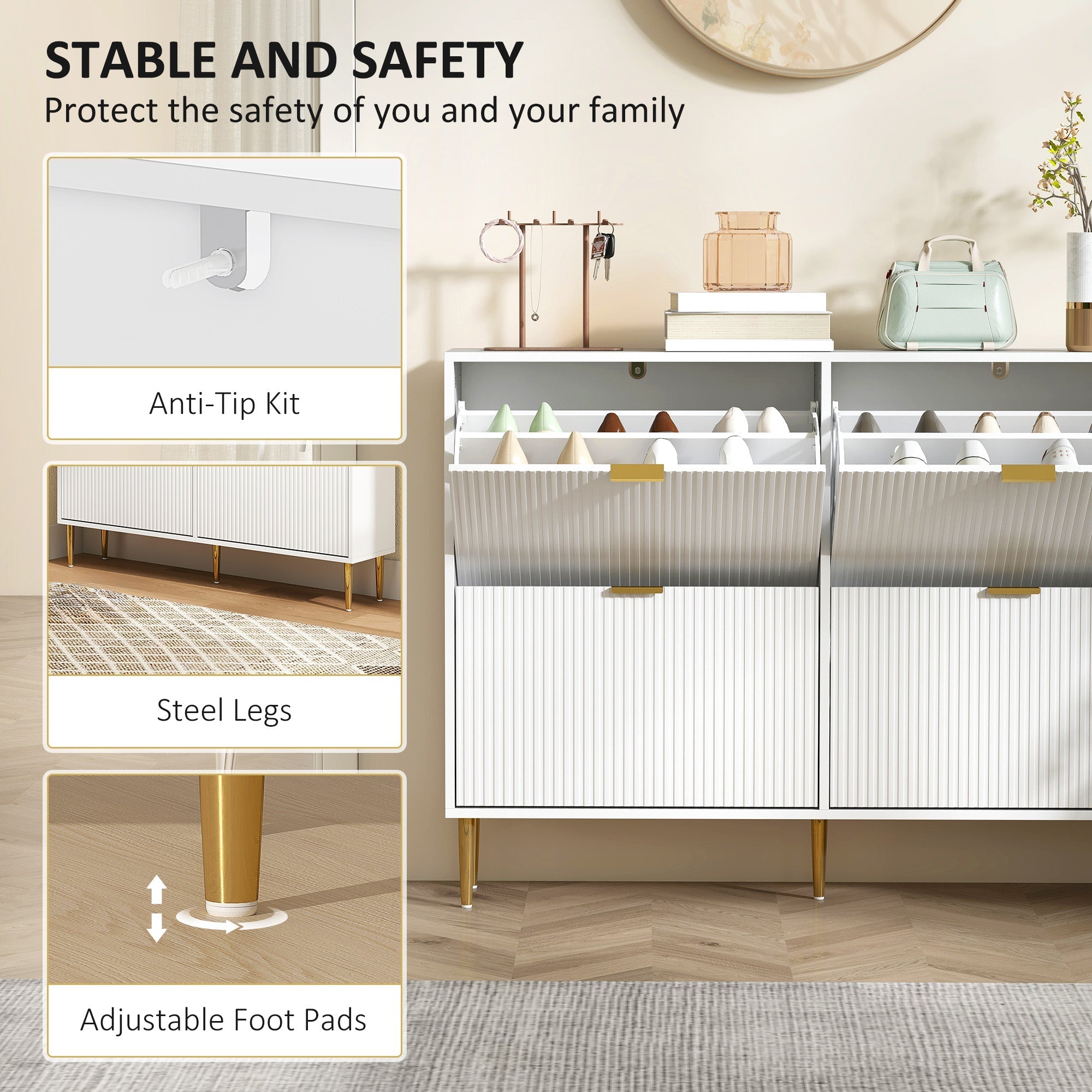 Homcom narrow white shoe cabinet with 4 flip drawers gold tone steel legs and adjustable foot pads with fluted panel doors