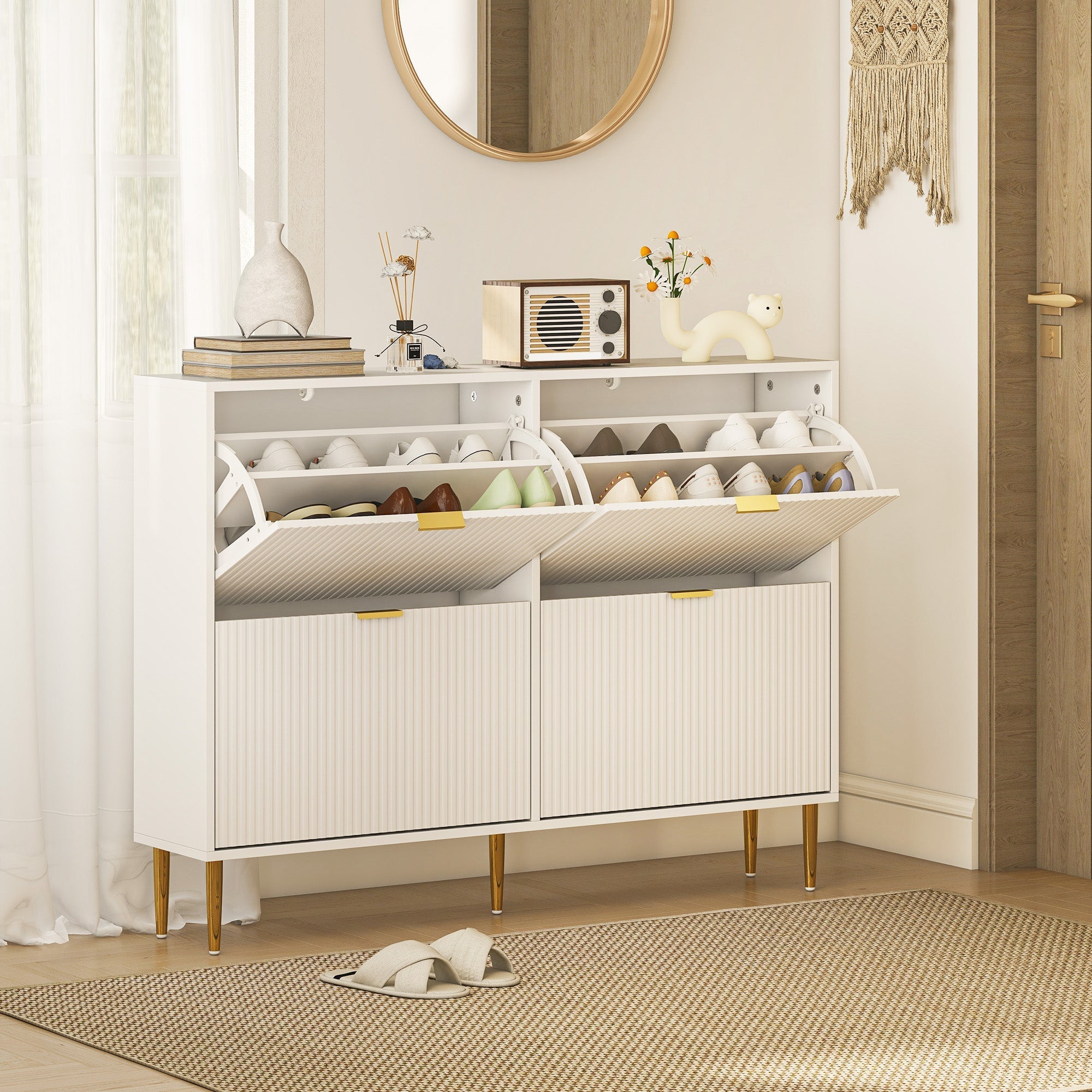 White homcom narrow shoe cabinet with gold tone handles and fluted panel doors featuring 4 flip drawers