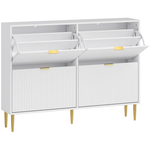White homcom narrow shoe cabinet with 4 flip drawers, gold tone handles, and modern fluted panel doors design