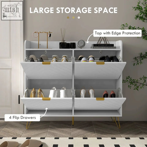 White slim shoe cabinet with powder coated steel frame gold handles and legs four flip drawers for shoe storage
