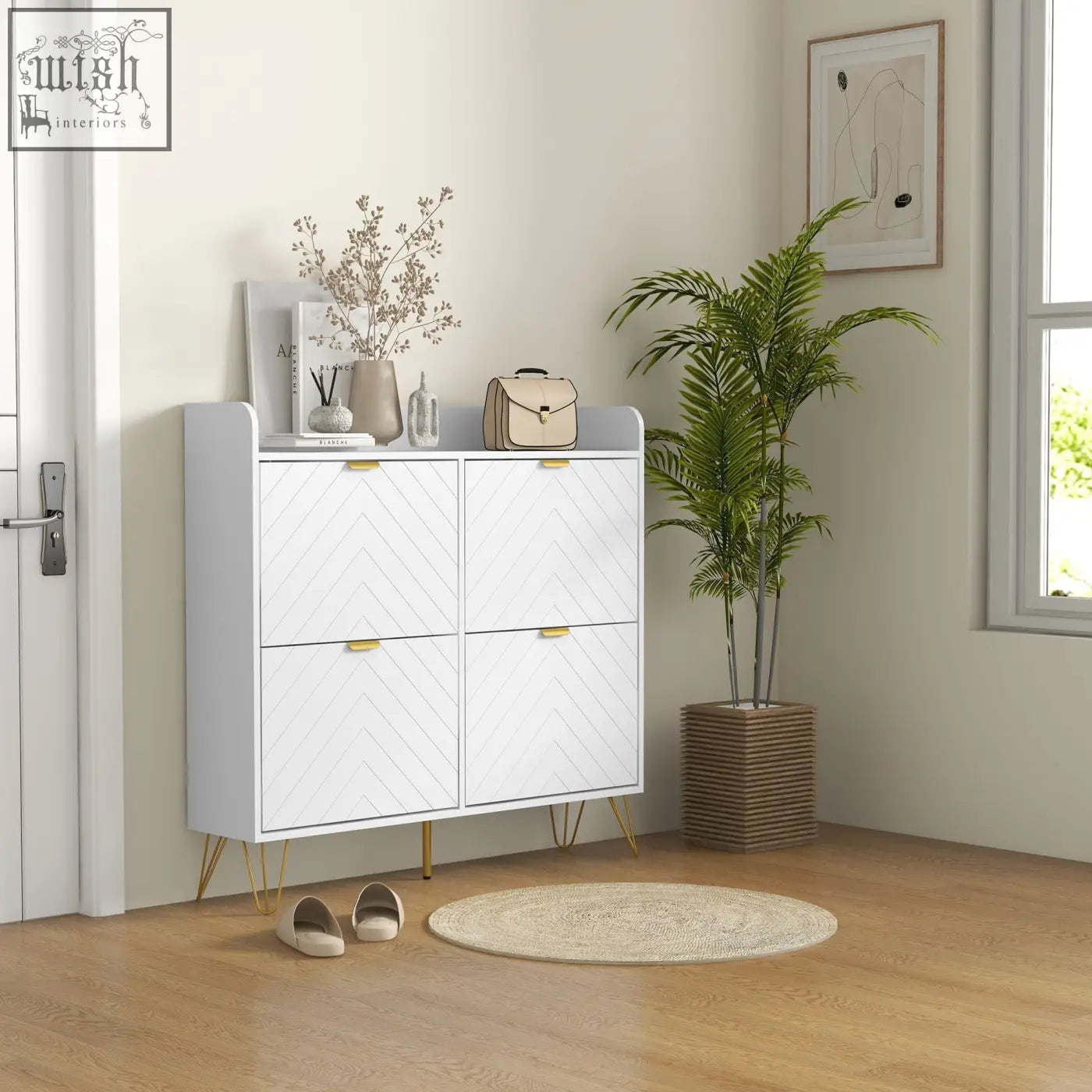 White slim shoe cabinet with chevron doors and gold legs made of powder coated steel for 16 pairs of shoes