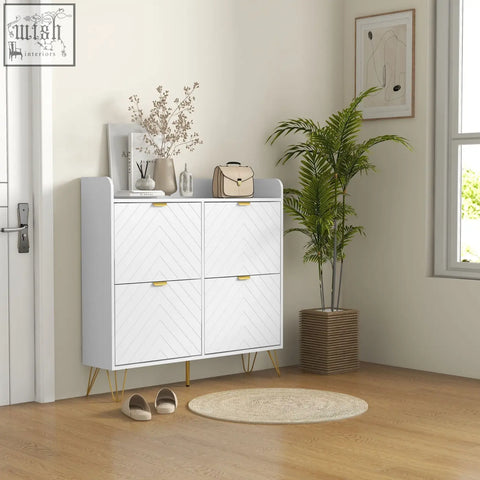 White slim shoe cabinet with chevron doors and gold legs made of powder coated steel for 16 pairs of shoes