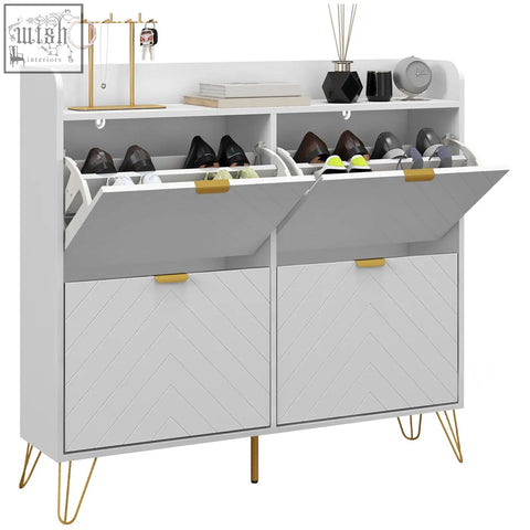 White slim shoe cabinet with gold hairpin legs and chevron doors made of powder coated steel for shoe storage