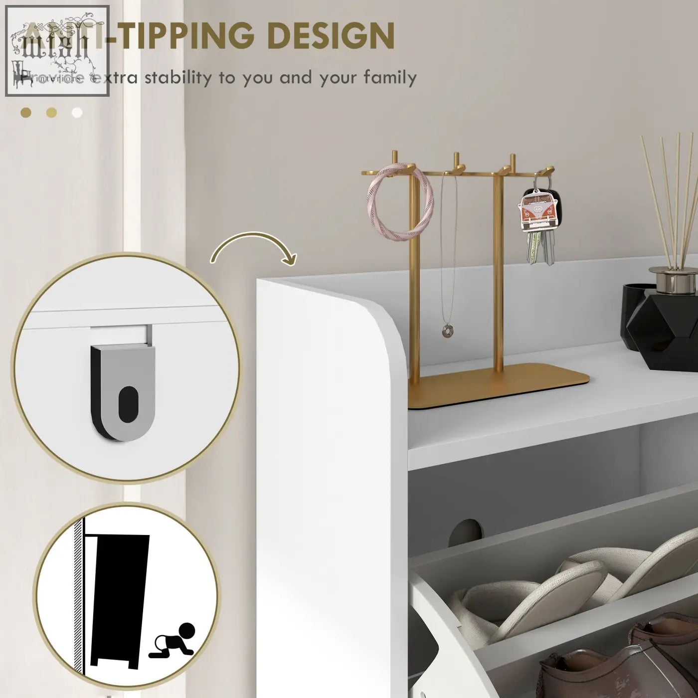 White slim shoe cabinet with gold anti-tipping feet made of powder coated steel for storing 16 pairs of shoes