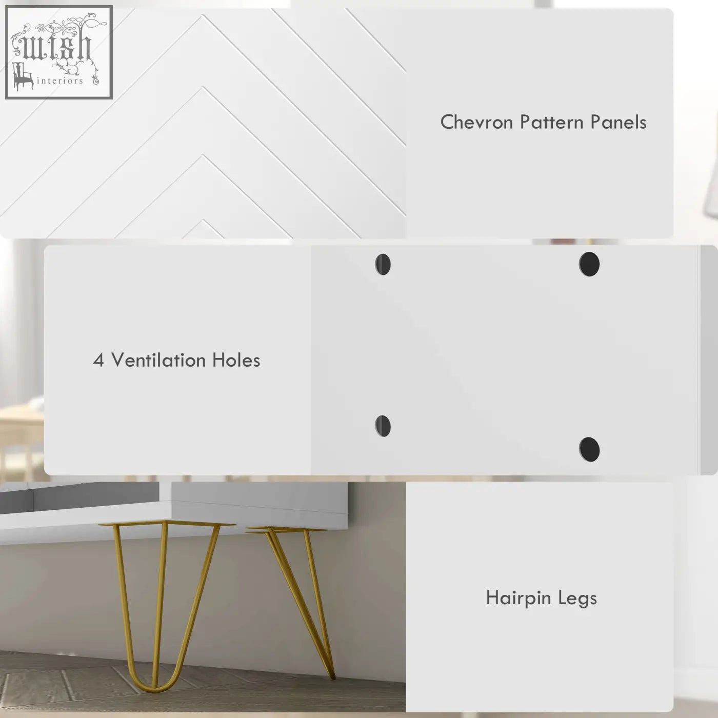 White chevron patterned slim shoe cabinet with four ventilation holes and gold hairpin powder coated steel legs