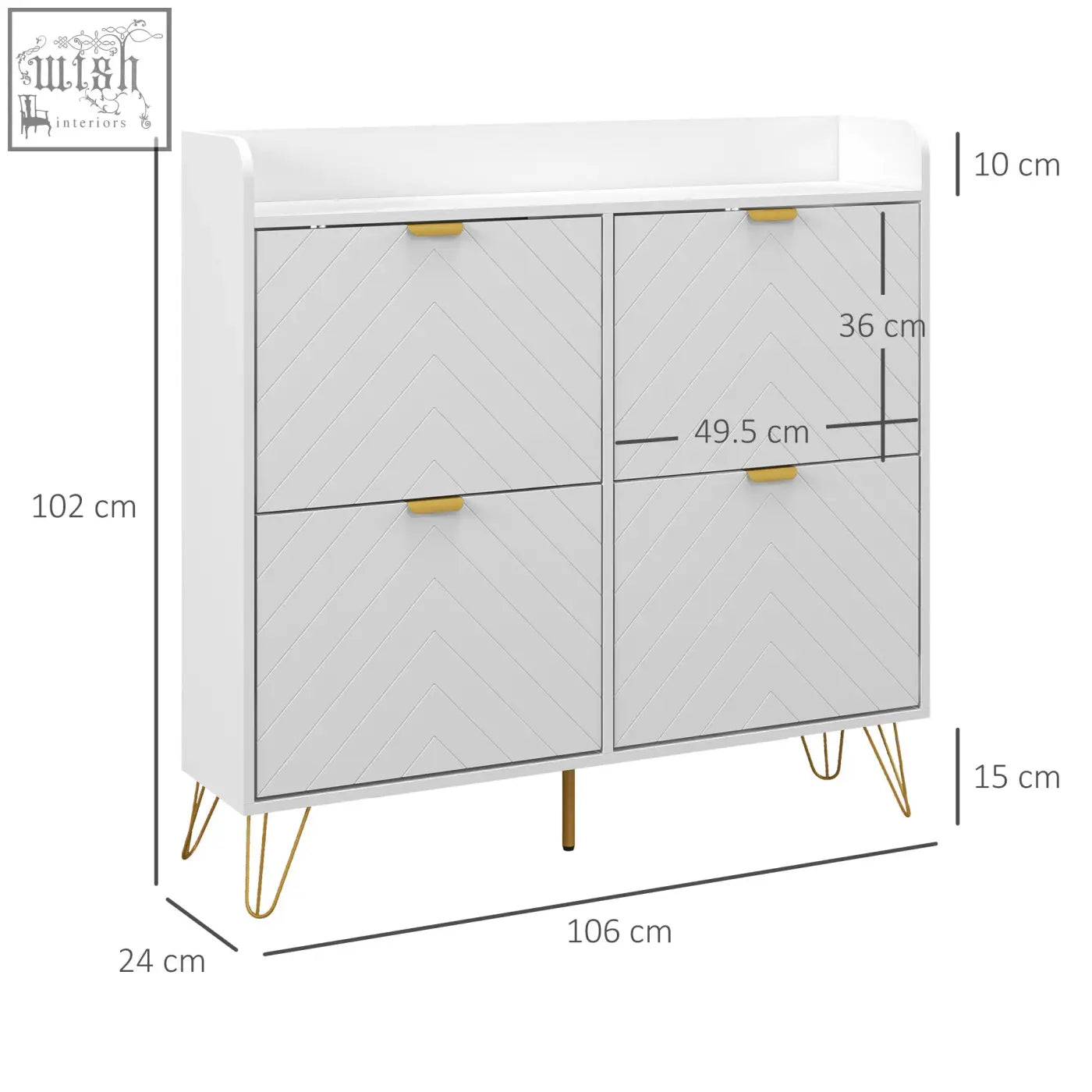 White slim shoe cabinet with powder coated steel gold hairpin legs and chevron doors for shoe storage