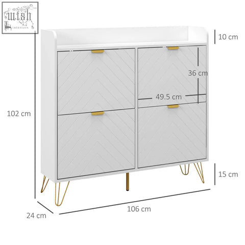 White slim shoe cabinet with powder coated steel gold hairpin legs and chevron doors for shoe storage