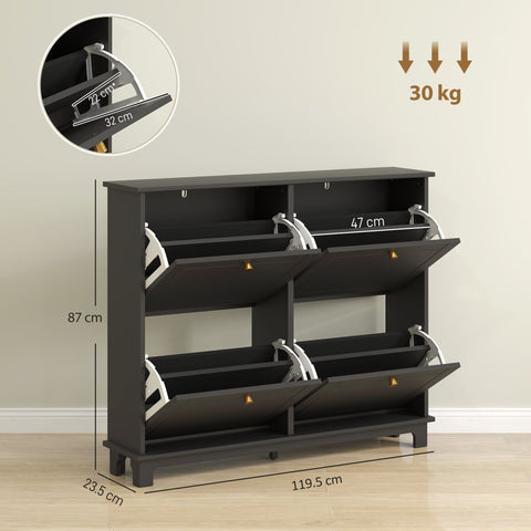 Black wooden HOMCOM narrow shoe storage cabinet with three tiers of flip drawers and silver metal hinges