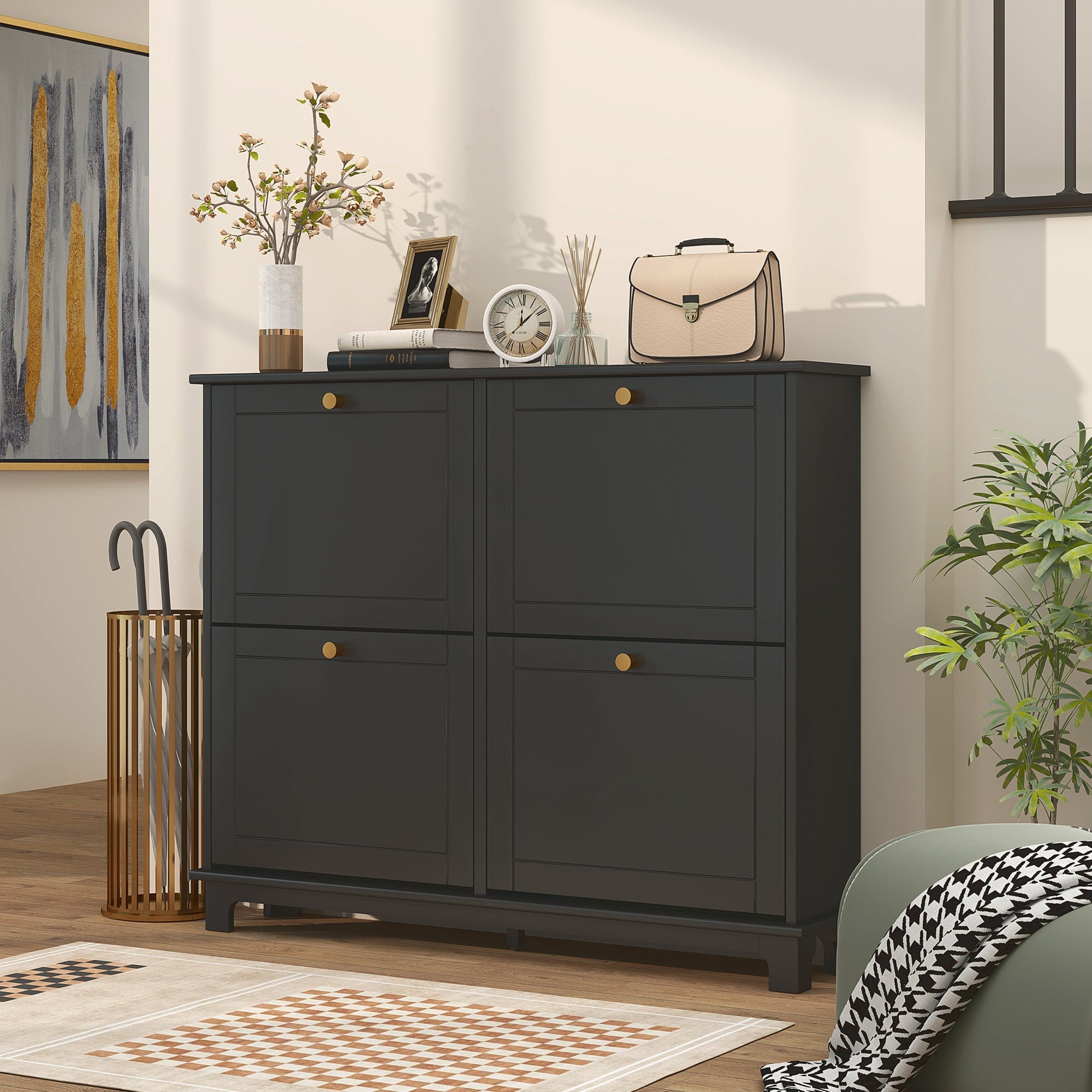 Black homcom narrow shoe storage cabinet with four flip drawers gold knobs and adjustable shelves for 16 pairs of shoes